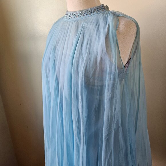 Vintage 70s Carroll's Blue Chiffon Pleated Babydoll Tent Trapeeze Mini Dress S - Picture 2 of 11
